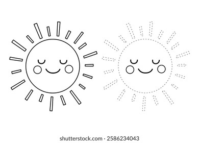 Cartoon sun clip art vector. Doodle cute summer sun coloring pages for kids. Trace and color sun. Happy sunny isolated on white background. Summer worksheets for kids activity printable.
