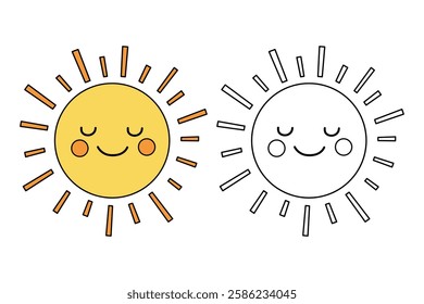 Cartoon sun clip art vector. Doodle cute summer sun coloring pages for kids. Trace and color sun. Happy sunny isolated on white background. Summer worksheets for kids activity printable.