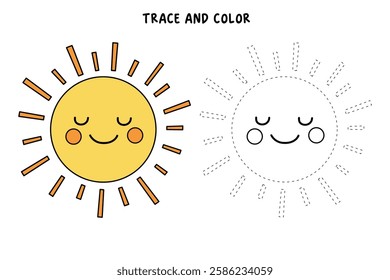Cartoon sun clip art vector. Doodle cute summer sun coloring pages for kids. Trace and color sun. Happy sunny isolated on white background. Summer worksheets for kids activity printable.