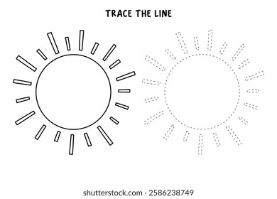 Cartoon sun clip art vector. Doodle summer sun coloring pages for kids. Trace and color sun. Happy sunny isolated on white background. Summer worksheets for kids activity printable.