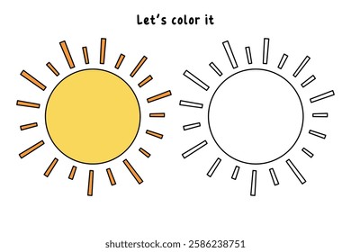 Cartoon sun clip art vector. Doodle summer sun coloring pages for kids. Trace and color sun. Happy sunny isolated on white background. Summer worksheets for kids activity printable.