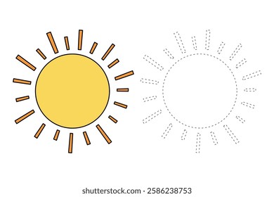 Cartoon sun clip art vector. Doodle summer sun coloring pages for kids. Trace and color sun. Happy sunny isolated on white background. Summer worksheets for kids activity printable.