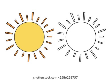 Cartoon sun clip art vector. Doodle summer sun coloring pages for kids. Trace and color sun. Happy sunny isolated on white background. Summer worksheets for kids activity printable.