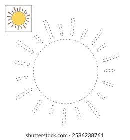 Cartoon sun clip art vector. Doodle summer sun coloring pages for kids. Trace and color sun. Happy sunny isolated on white background. Summer worksheets for kids activity printable.