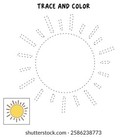 Cartoon sun clip art vector. Doodle summer sun coloring pages for kids. Trace and color sun. Happy sunny isolated on white background. Summer worksheets for kids activity printable.