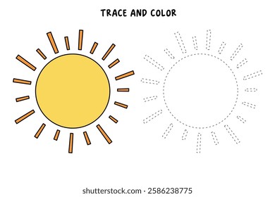 Cartoon sun clip art vector. Doodle summer sun coloring pages for kids. Trace and color sun. Happy sunny isolated on white background. Summer worksheets for kids activity printable.