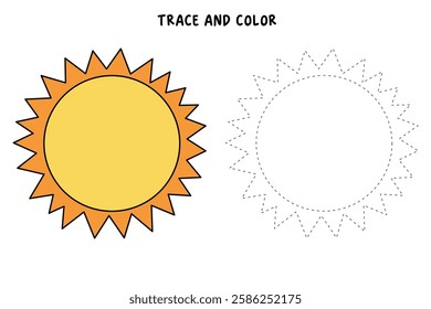 Cartoon sun clip art vector. Doodle cute summer sun coloring pages for kids. Trace and color sun. Happy sunny isolated on white background. Summer worksheets for kids activity printable.