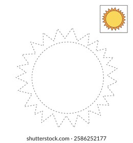 Cartoon sun clip art vector. Doodle cute summer sun coloring pages for kids. Trace and color sun. Happy sunny isolated on white background. Summer worksheets for kids activity printable.