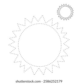 Cartoon sun clip art vector. Doodle cute summer sun coloring pages for kids. Trace and color sun. Happy sunny isolated on white background. Summer worksheets for kids activity printable.