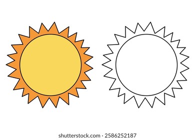 Cartoon sun clip art vector. Doodle cute summer sun coloring pages for kids. Trace and color sun. Happy sunny isolated on white background. Summer worksheets for kids activity printable.