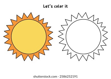 Cartoon sun clip art vector. Doodle cute summer sun coloring pages for kids. Trace and color sun. Happy sunny isolated on white background. Summer worksheets for kids activity printable.