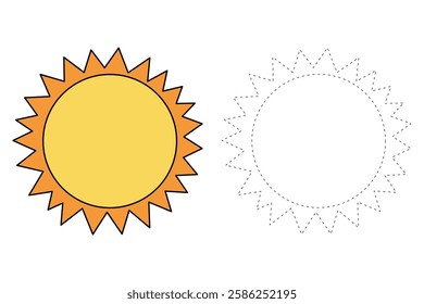 Cartoon sun clip art vector. Doodle cute summer sun coloring pages for kids. Trace and color sun. Happy sunny isolated on white background. Summer worksheets for kids activity printable.