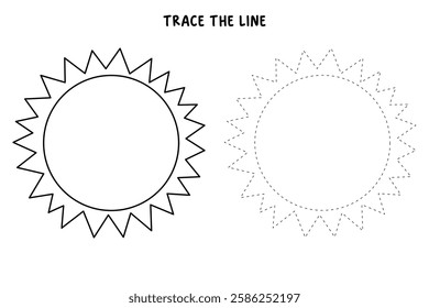 Cartoon sun clip art vector. Doodle cute summer sun coloring pages for kids. Trace and color sun. Happy sunny isolated on white background. Summer worksheets for kids activity printable.