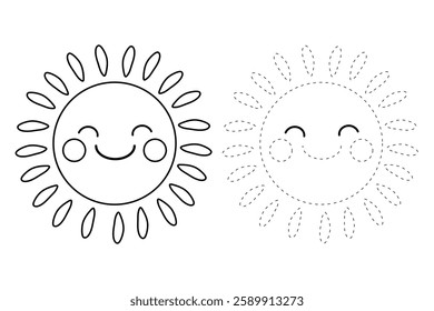 Cartoon sun clip art vector. Doodle cute summer sun coloring pages for kids. Trace and color sun. Happy sunny isolated on white background. Summer worksheets for kids activity printable.