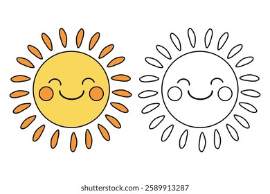 Cartoon sun clip art vector. Doodle cute summer sun coloring pages for kids. Trace and color sun. Happy sunny isolated on white background. Summer worksheets for kids activity printable.