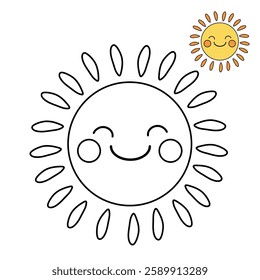 Cartoon sun clip art vector. Doodle cute summer sun coloring pages for kids. Trace and color sun. Happy sunny isolated on white background. Summer worksheets for kids activity printable.