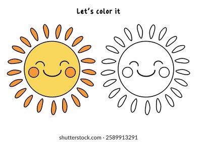 Cartoon sun clip art vector. Doodle cute summer sun coloring pages for kids. Trace and color sun. Happy sunny isolated on white background. Summer worksheets for kids activity printable.