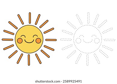 Cartoon sun clip art vector. Doodle cute summer sun coloring pages for kids. Trace and color sun. Happy sunny isolated on white background. Summer worksheets for kids activity printable.