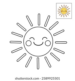 Cartoon sun clip art vector. Doodle cute summer sun coloring pages for kids. Trace and color sun. Happy sunny isolated on white background. Summer worksheets for kids activity printable.