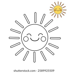 Cartoon sun clip art vector. Doodle cute summer sun coloring pages for kids. Trace and color sun. Happy sunny isolated on white background. Summer worksheets for kids activity printable.