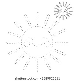 Cartoon sun clip art vector. Doodle cute summer sun coloring pages for kids. Trace and color sun. Happy sunny isolated on white background. Summer worksheets for kids activity printable.