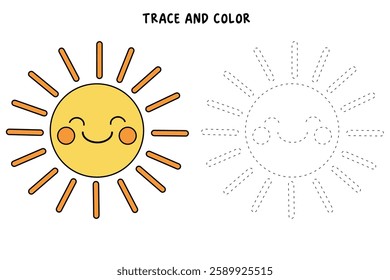 Cartoon sun clip art vector. Doodle cute summer sun coloring pages for kids. Trace and color sun. Happy sunny isolated on white background. Summer worksheets for kids activity printable.
