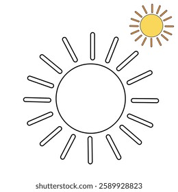 Cartoon sun clip art vector. Doodle cute summer sun coloring pages for kids. Trace and color sun. Happy sunny isolated on white background. Summer worksheets for kids activity printable.