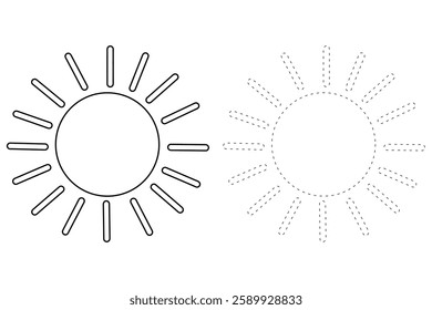 Cartoon sun clip art vector. Doodle cute summer sun coloring pages for kids. Trace and color sun. Happy sunny isolated on white background. Summer worksheets for kids activity printable.