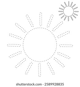 Cartoon sun clip art vector. Doodle cute summer sun coloring pages for kids. Trace and color sun. Happy sunny isolated on white background. Summer worksheets for kids activity printable.