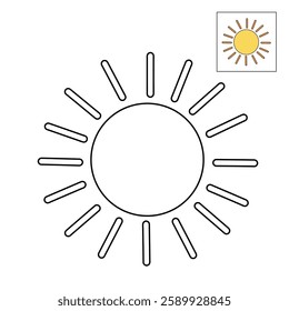 Cartoon sun clip art vector. Doodle cute summer sun coloring pages for kids. Trace and color sun. Happy sunny isolated on white background. Summer worksheets for kids activity printable.