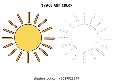 Cartoon sun clip art vector. Doodle cute summer sun coloring pages for kids. Trace and color sun. Happy sunny isolated on white background. Summer worksheets for kids activity printable.