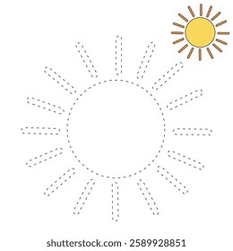 Cartoon sun clip art vector. Doodle cute summer sun coloring pages for kids. Trace and color sun. Happy sunny isolated on white background. Summer worksheets for kids activity printable.