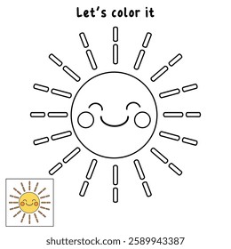 Cartoon sun clip art vector. Doodle cute summer sun coloring pages for kids. Trace and color sun. Happy sunny isolated on white background. Summer worksheets for kids activity printable.