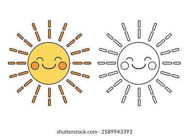 Cartoon sun clip art vector. Doodle cute summer sun coloring pages for kids. Trace and color sun. Happy sunny isolated on white background. Summer worksheets for kids activity printable.