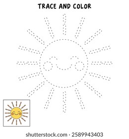Cartoon sun clip art vector. Doodle cute summer sun coloring pages for kids. Trace and color sun. Happy sunny isolated on white background. Summer worksheets for kids activity printable.