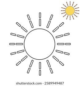Cartoon sun clip art vector. Doodle cute summer sun coloring pages for kids. Trace and color sun. Happy sunny isolated on white background. Summer worksheets for kids activity printable.