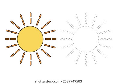 Cartoon sun clip art vector. Doodle cute summer sun coloring pages for kids. Trace and color sun. Happy sunny isolated on white background. Summer worksheets for kids activity printable.
