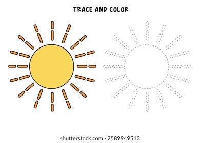 Cartoon sun clip art vector. Doodle cute summer sun coloring pages for kids. Trace and color sun. Happy sunny isolated on white background. Summer worksheets for kids activity printable.