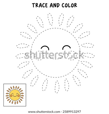 Cartoon sun clip art vector. Doodle cute summer sun coloring pages for kids. Trace and color sun. Happy sunny isolated on white background. Summer worksheets for kids activity printable.