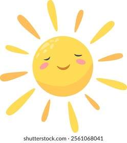 Cartoon sun with closed eyes and a charming smile radiates warmth and happiness, shining brightly in a cheerful, vibrant display of yellow and orange hues