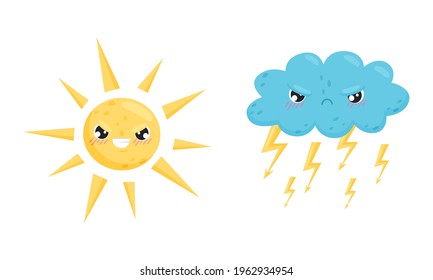 Cartoon Sun and Cloud with Different Facial Expression Vector Set