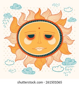 Cartoon Sun And Cloud on a polka dot background. Shining yellow sun cartoon character.
