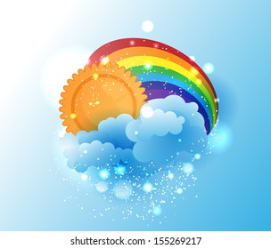 Cartoon sun, cloud and rainbow
