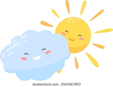 Cartoon sun and cloud are smiling happily in this colorful illustration, perfect for children's books, greeting cards, or any project that needs a touch of whimsy