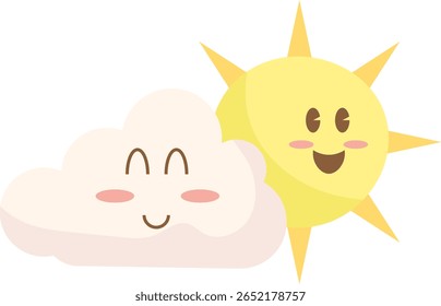 Cartoon Sun and Cloud Smiling Together Flat Illustration