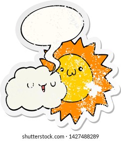 cartoon sun and cloud with speech bubble distressed distressed old sticker