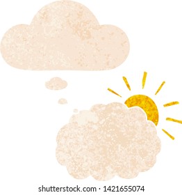 cartoon sun and cloud symbol with thought bubble in grunge distressed retro textured style
