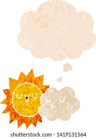 cartoon sun and cloud with thought bubble in grunge distressed retro textured style