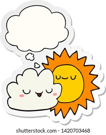 sol de dibujos animados y nube con burbuja de pensamiento como pegatina impresa
