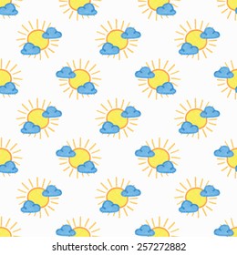 Cartoon sun and cloud. Weather seamless pattern on the white background. Vector illustration. Hand-drawn original weather forecast background. Useful for invitations, scrapbooking, design.